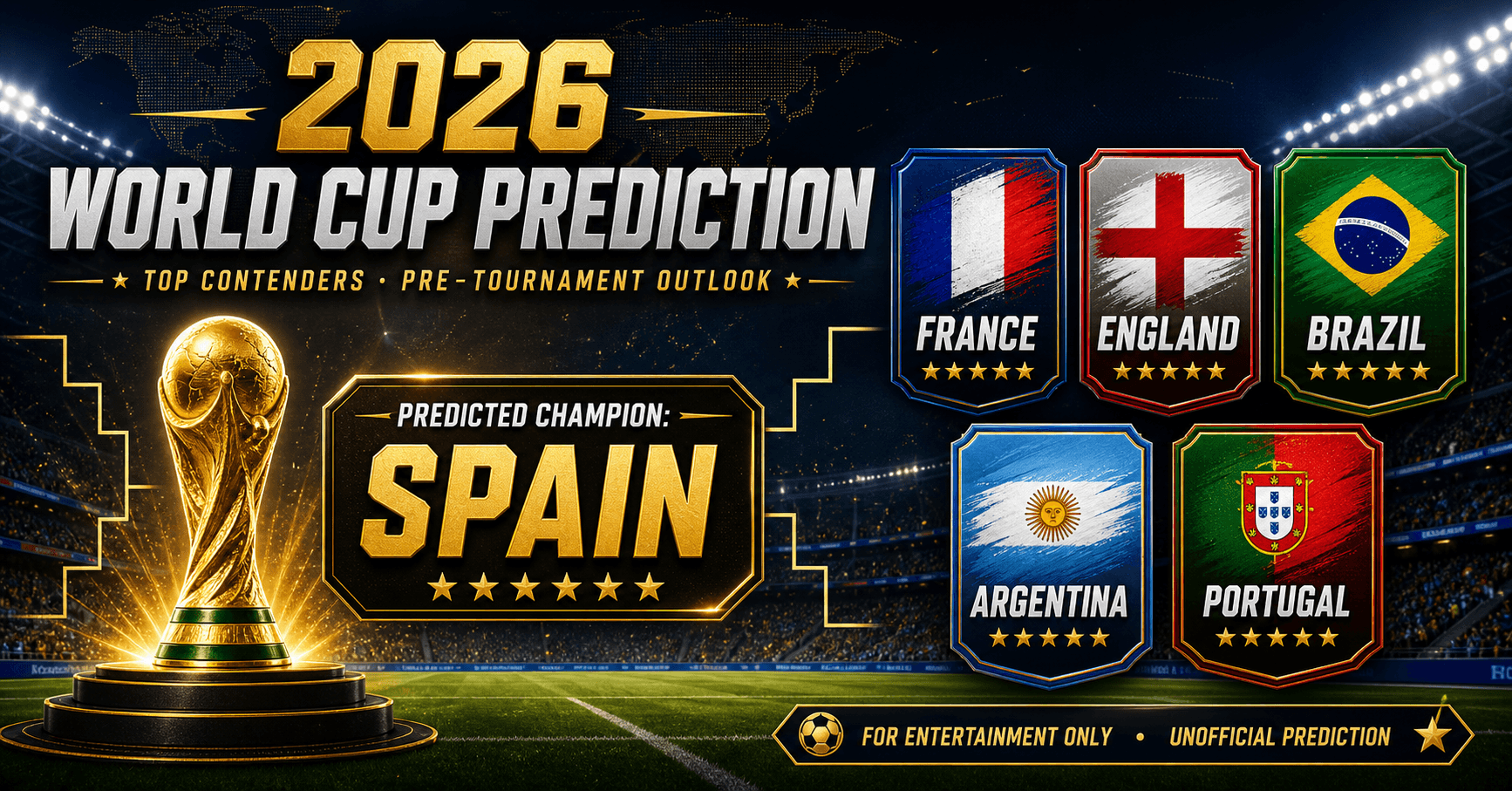 World Cup 2026 prediction trophy and contenders banner